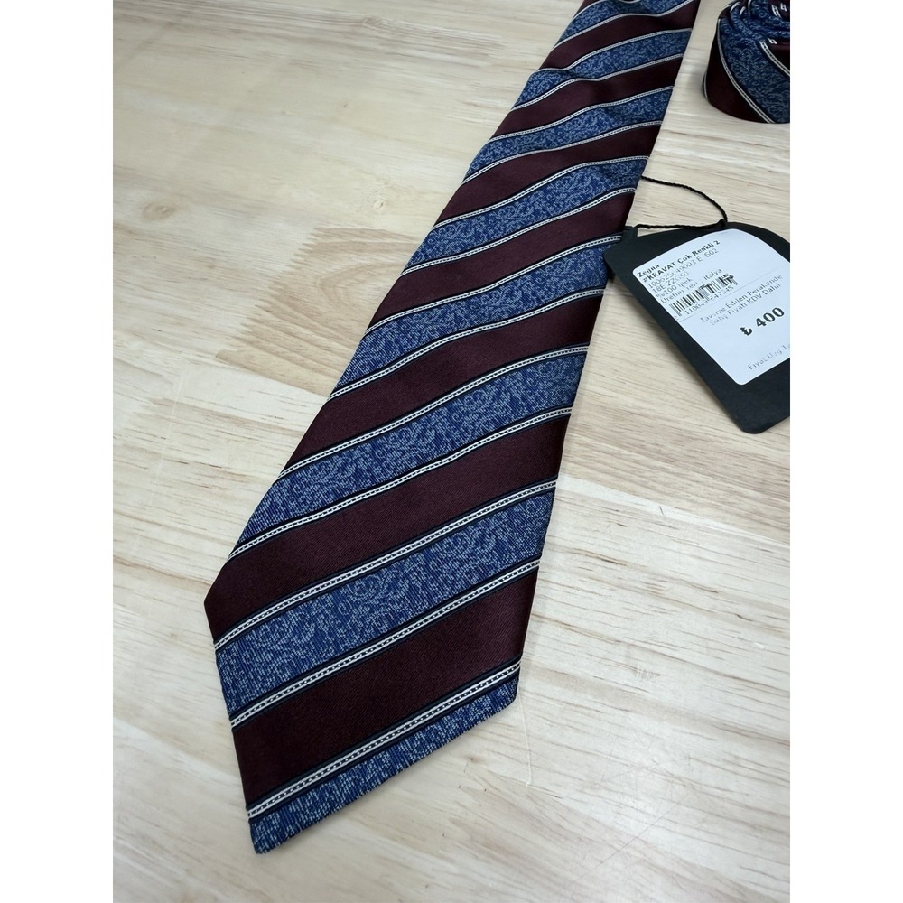Ermenegildo Zegna 100% Silk Blue Burgundy Striped Tie Necktie Made in Italy -New